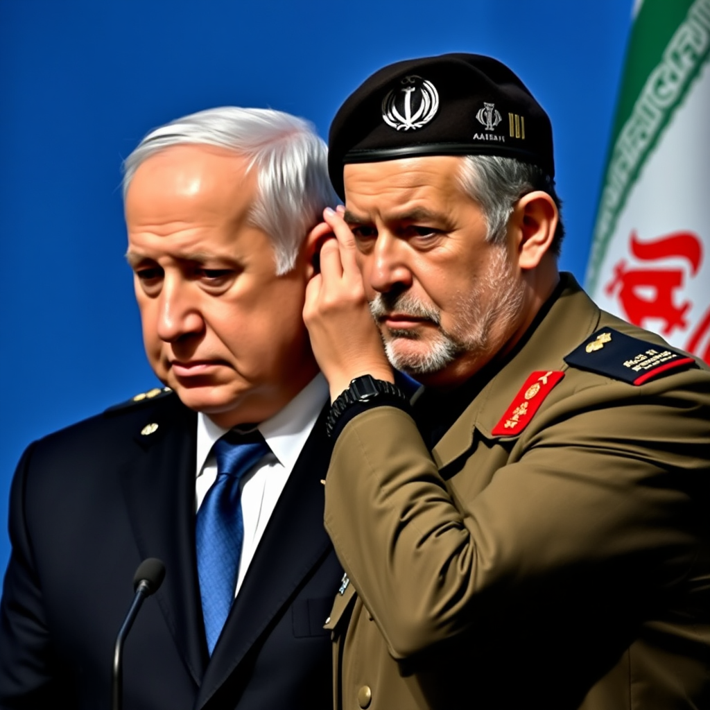 An Iranian Soldier Holds Netanyahu's Ear Firmly.