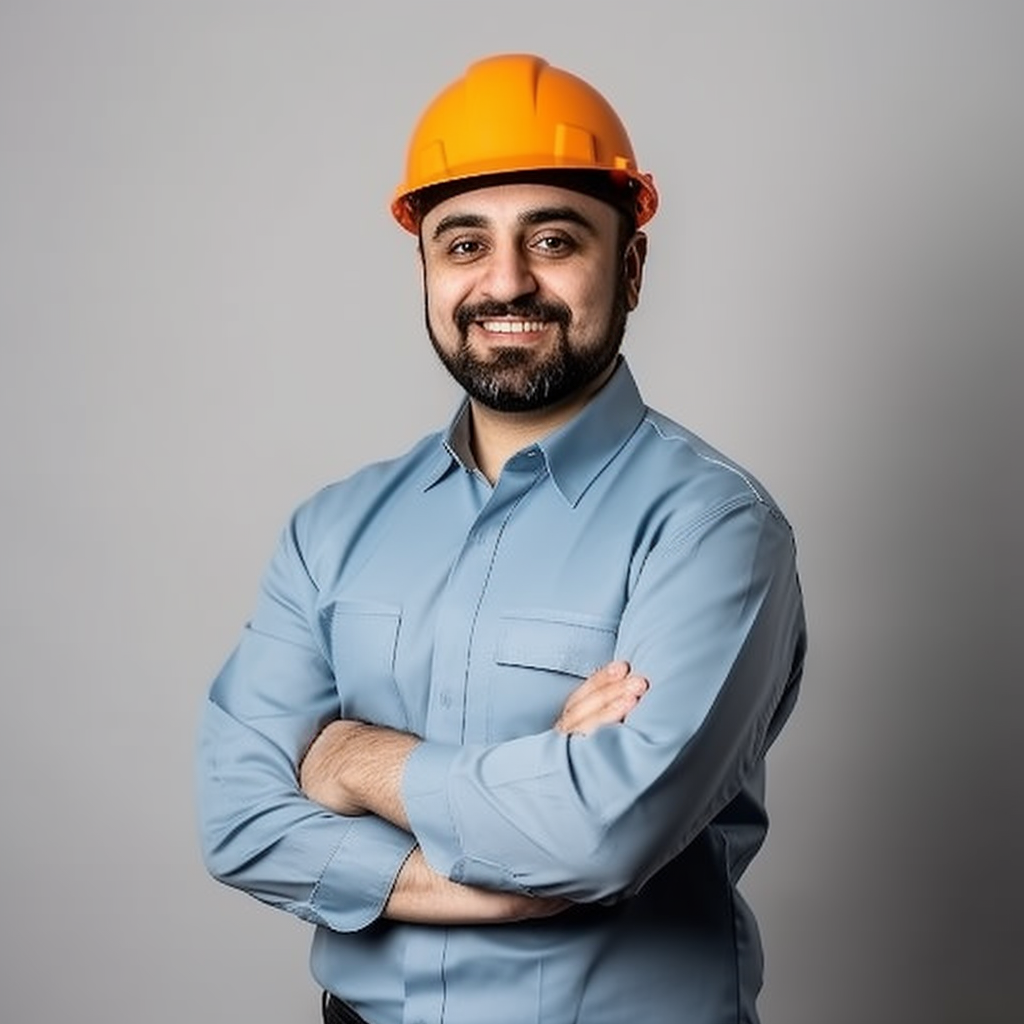 An Iranian construction engineer in uniform smiling.