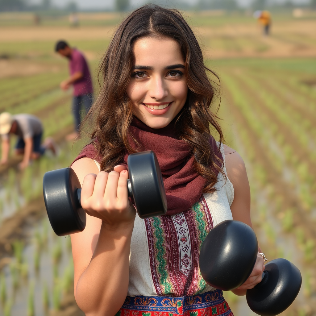 An Iranian girl with big muscles holds dumbbell.