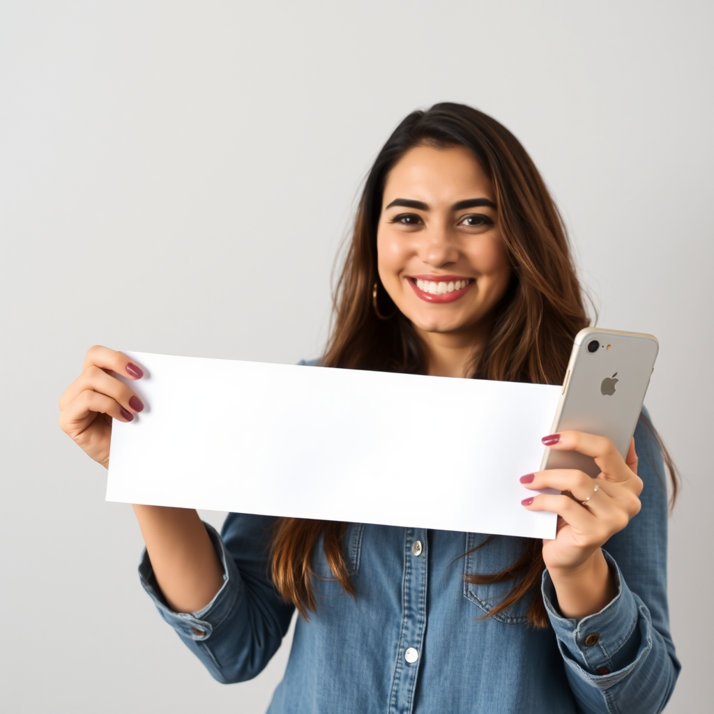 An Iranian lady smiles holding phone and banner.