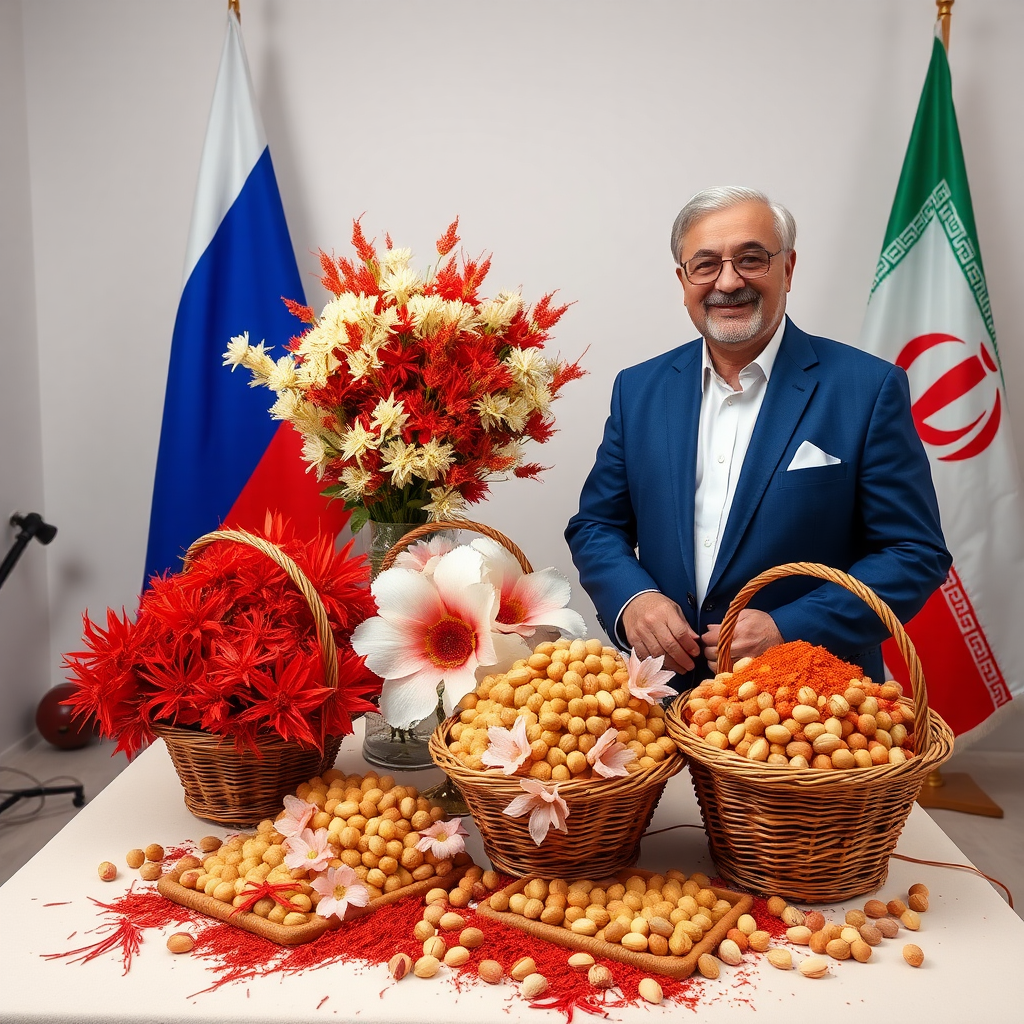 An Iranian man in a flower-filled studio.