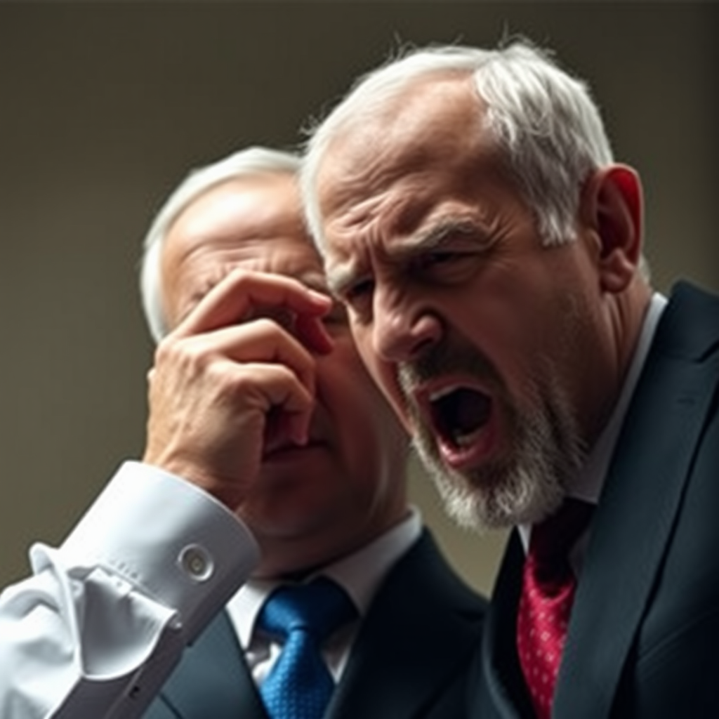 An Iranian person twisting Netanyahu's ear, causing shouting.