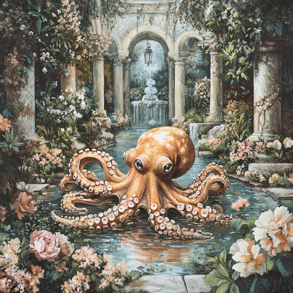 An Octopus in a Garden Pond Painting.