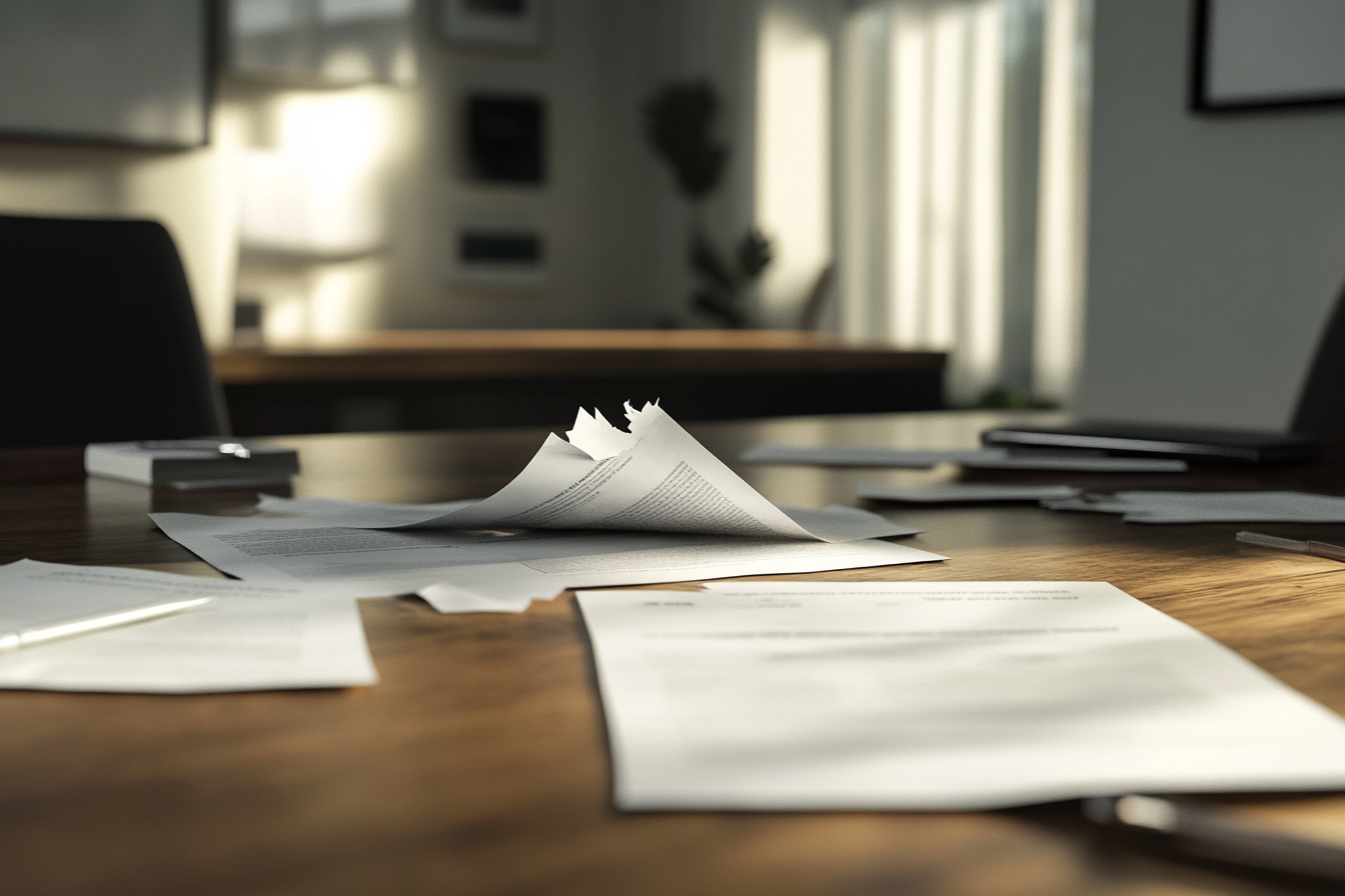 An Office Desk with Torn Documents