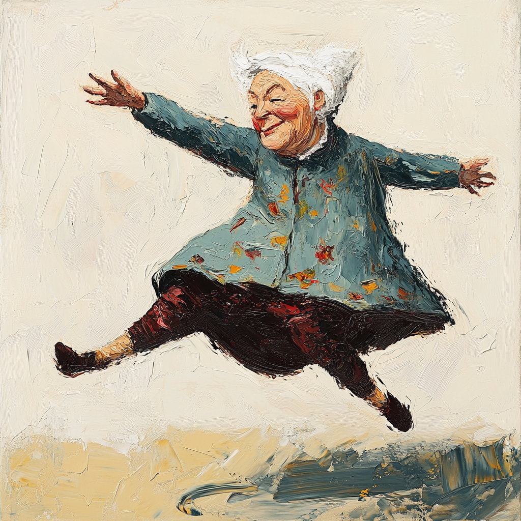 An Old Lady Doing Cartwheel in Cartoon Style