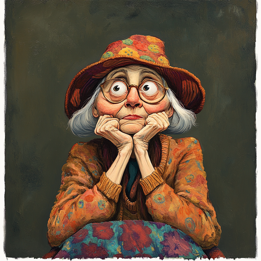 An Old Lady in Whimsical Attire, Contemplating