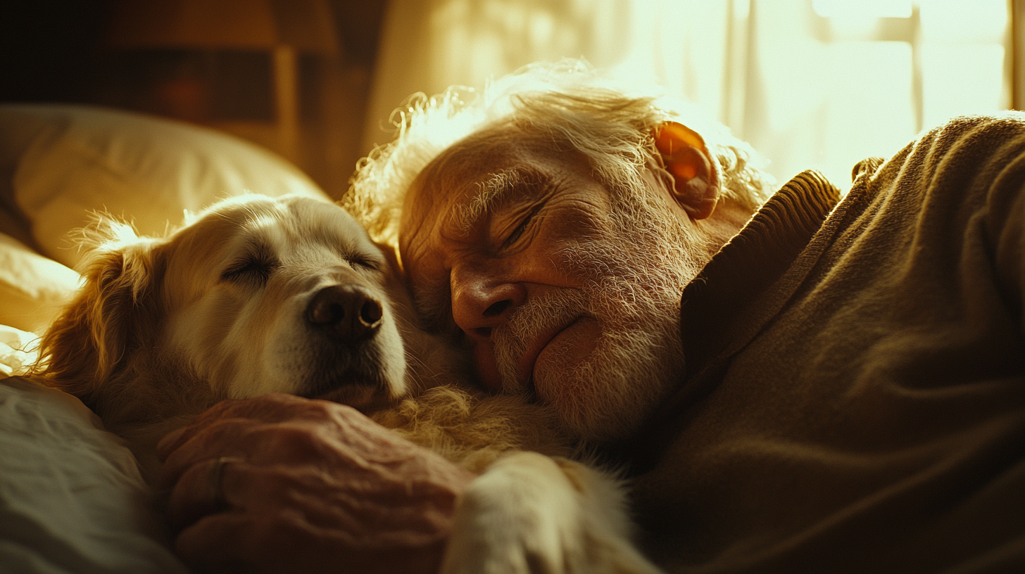 An Old Man Caring for His Dog