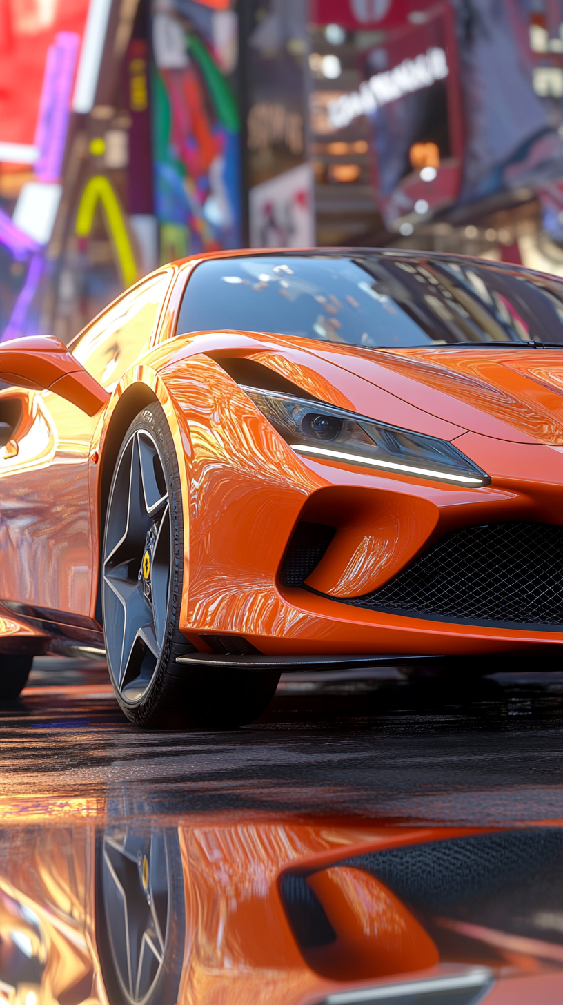 An Orange Ferrari F8 Tributo in City Twilight