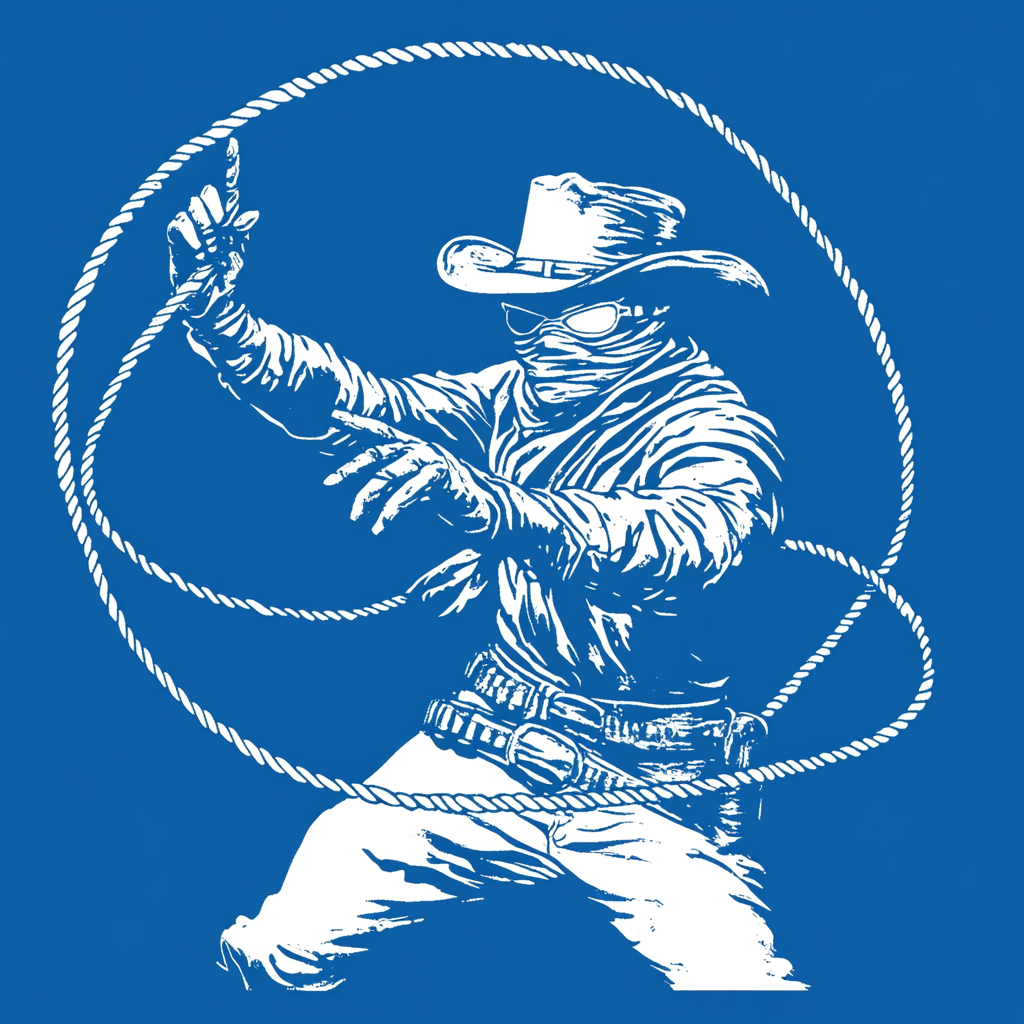 An Outlaw Cowboy Throws Lasso on Blue Background