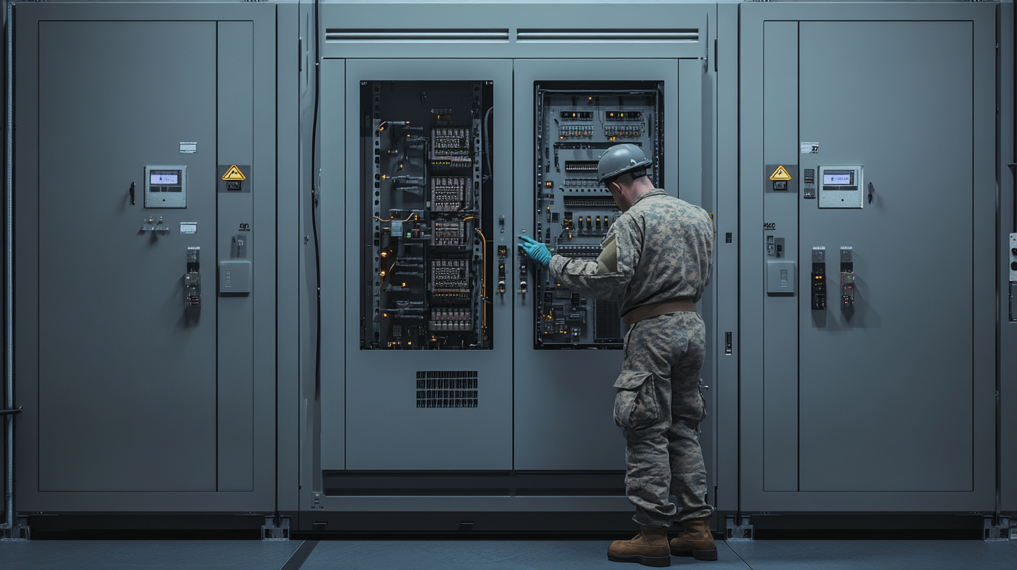 An US soldier fixing electrical cabinet in 8K.