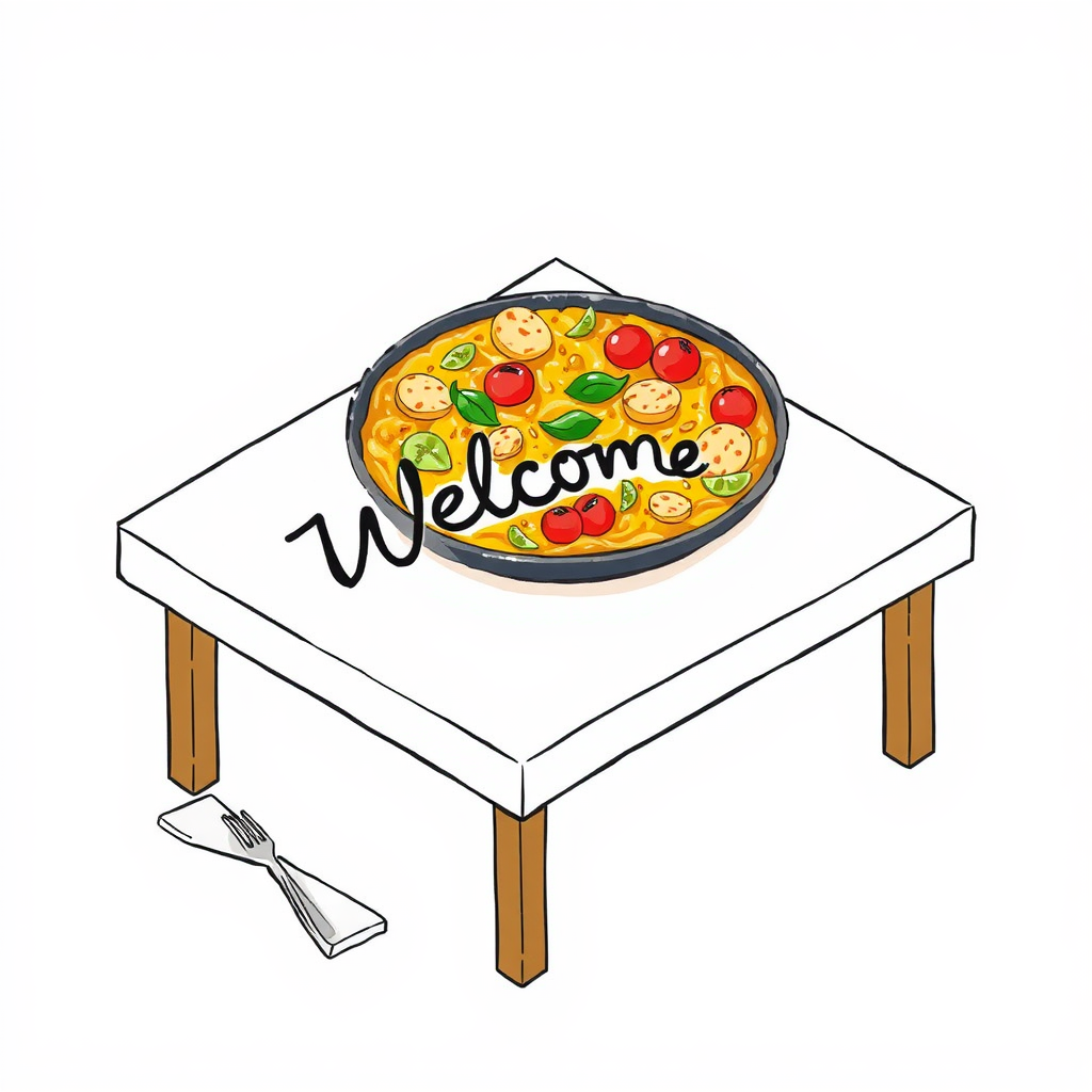 An abstract isometric drawing of a paella.