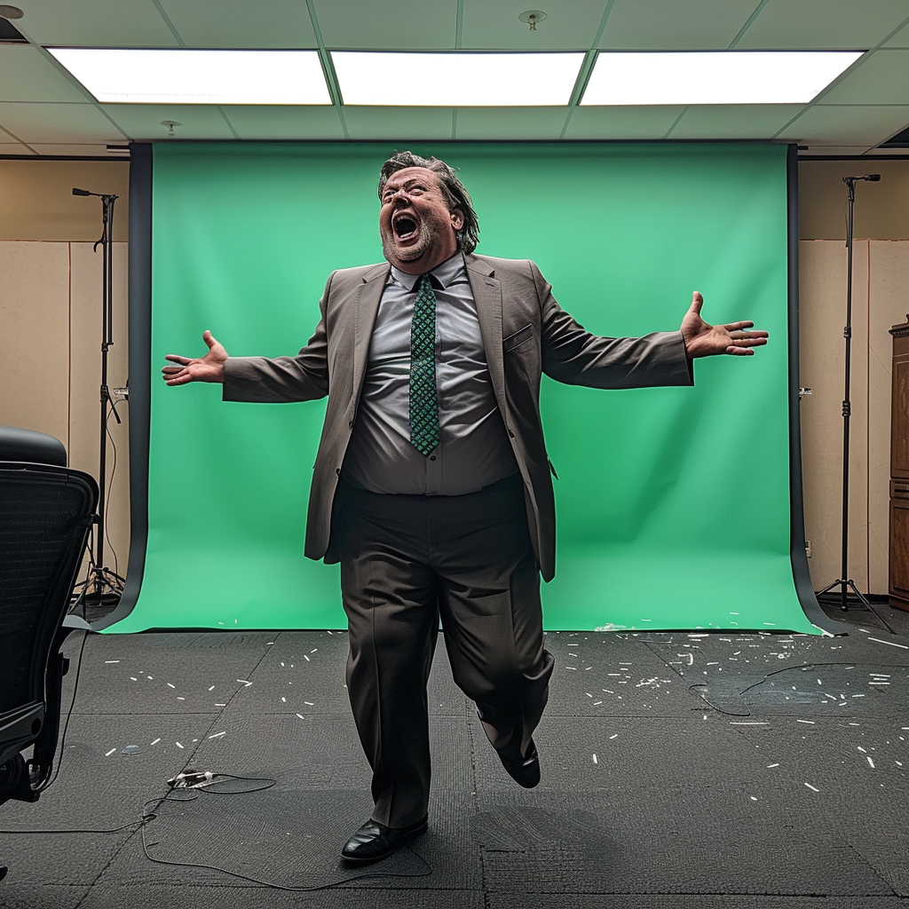 An actor yells at green screen in lawyer’s office