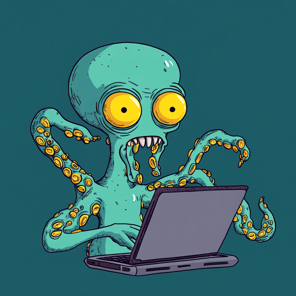 An alien with tentacles using laptop cartoon character.