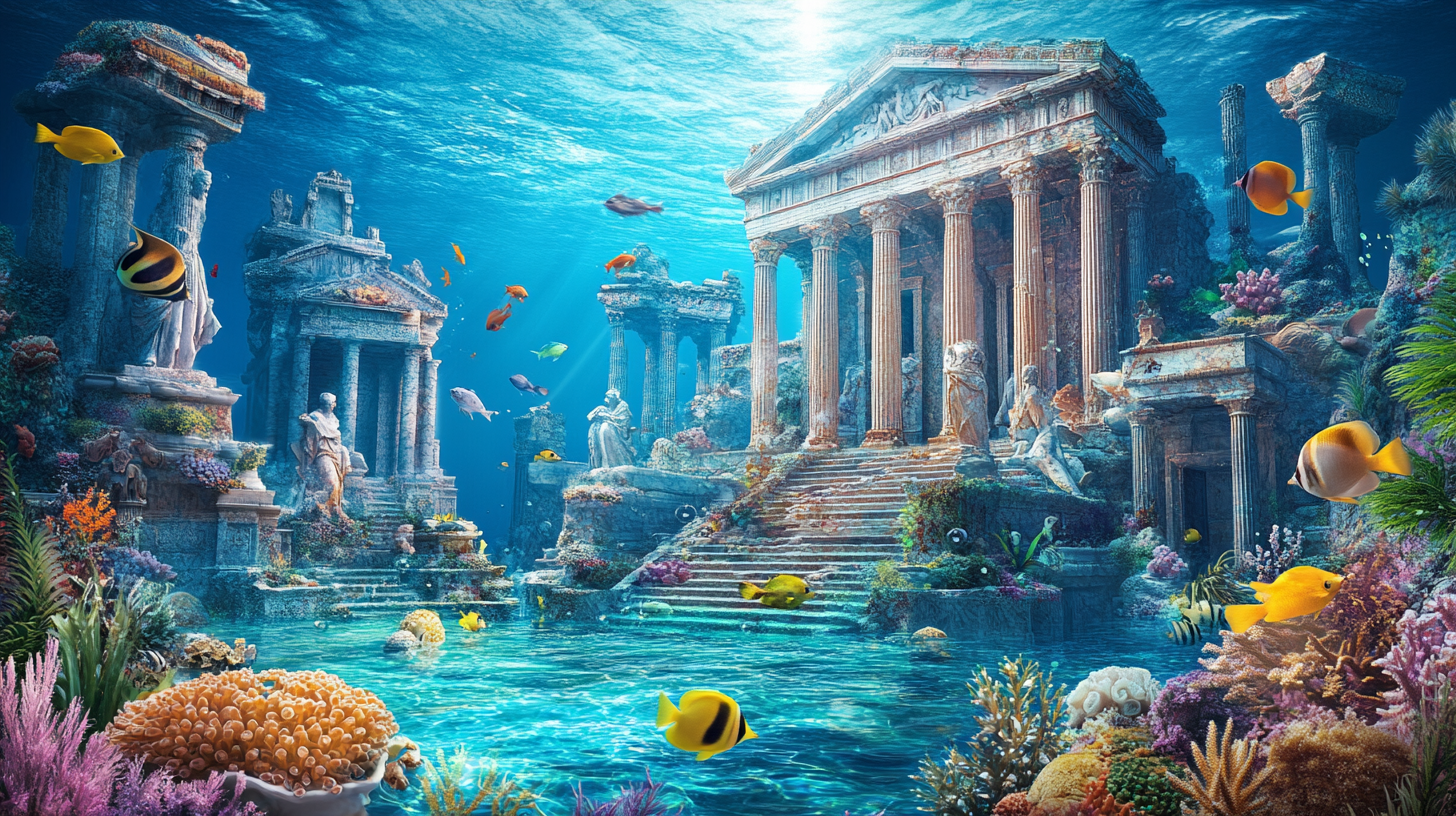 An ancient underwater Greek city with vibrant marine life