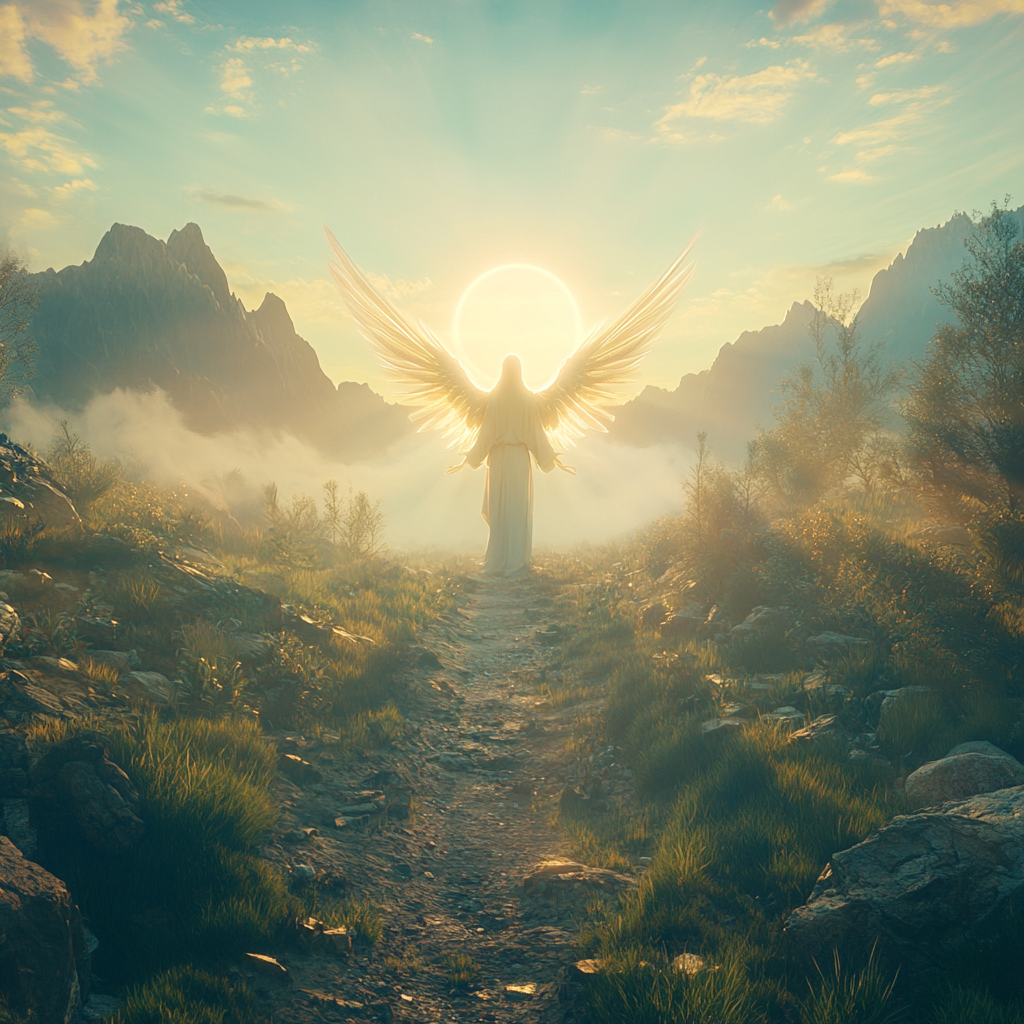 An angelic figure shining in divine landscape