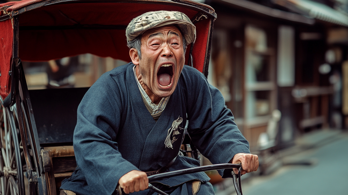 An angry Japanese man yells in front of store