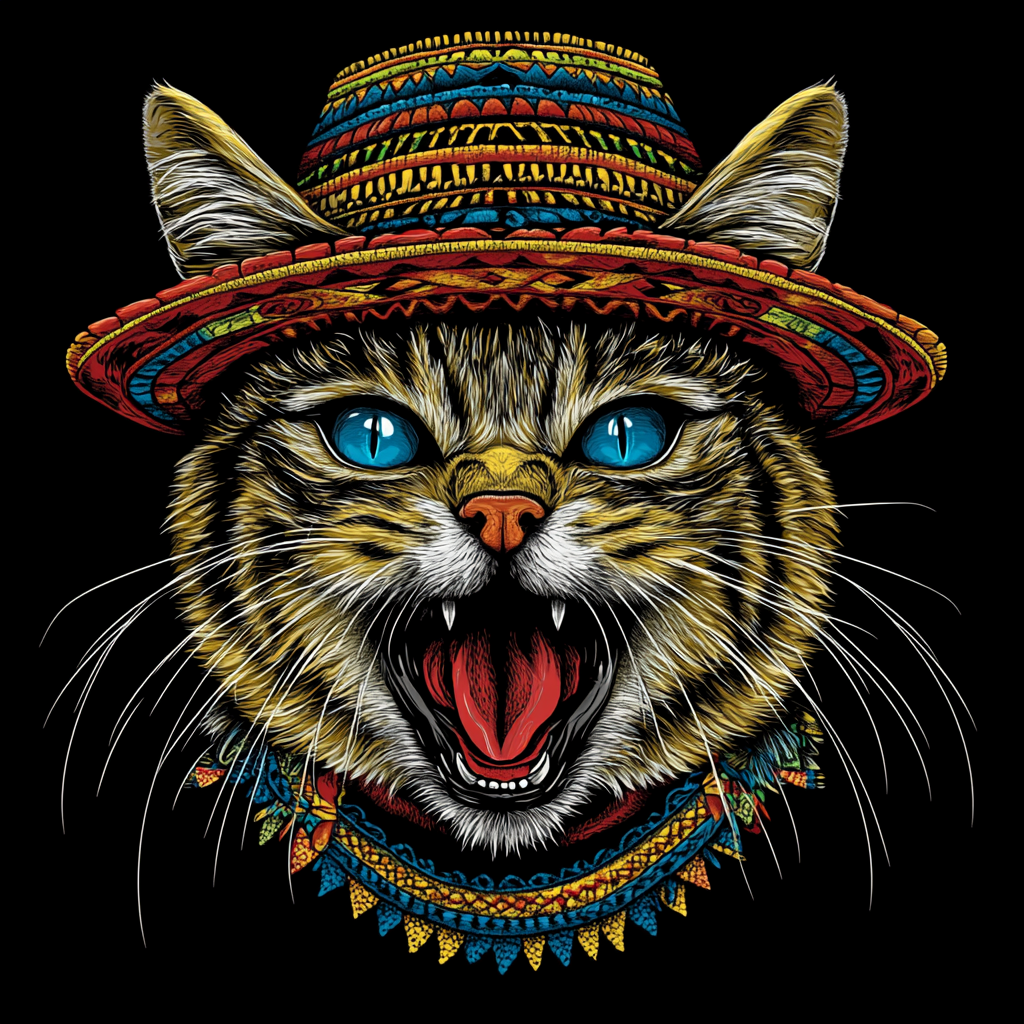 An angry cat in a bright hat on shirt