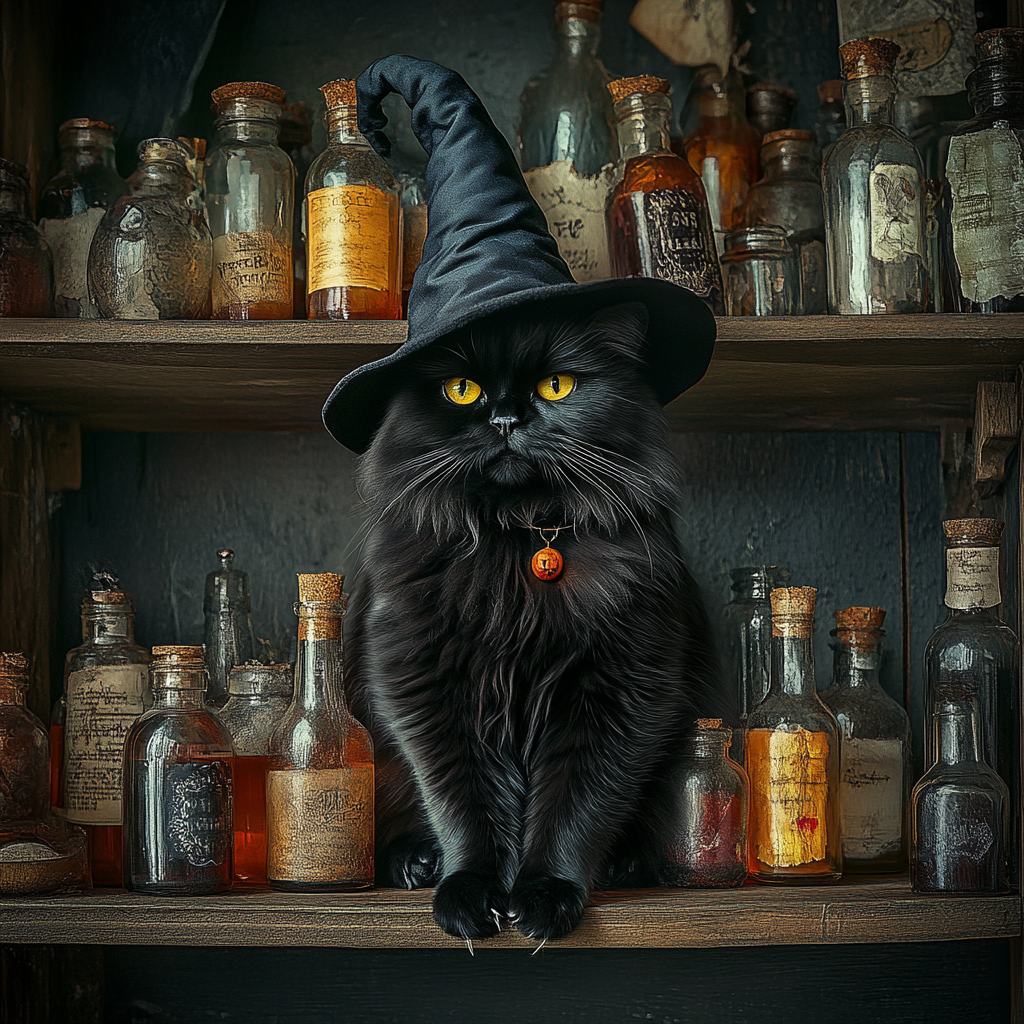 An angry cat in witch hat surrounded by potions