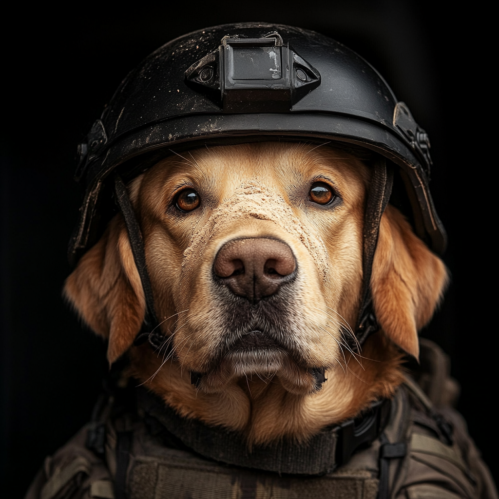 An angry dog in a military outfit