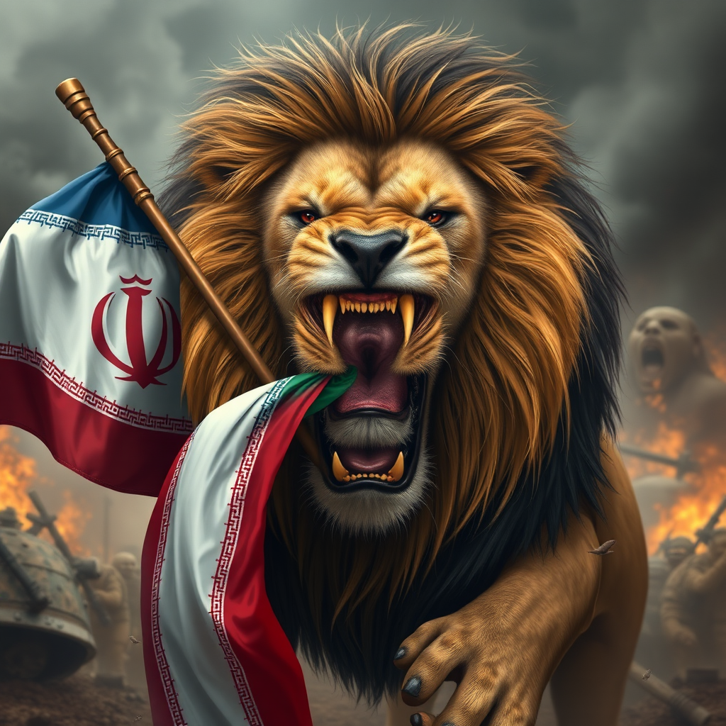 An angry lion holding Iranian flag, Netanyahu in mouth.