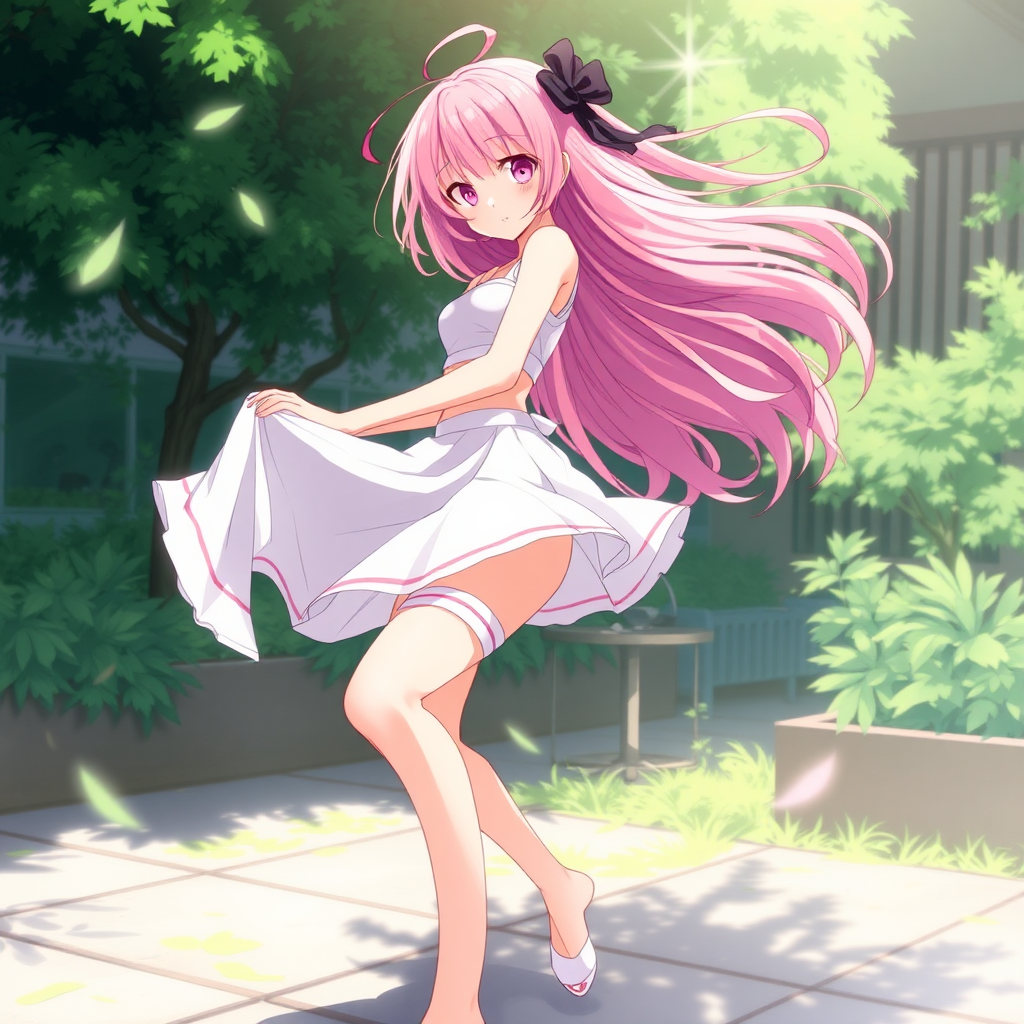 An anime girl with pink hair in the wind.