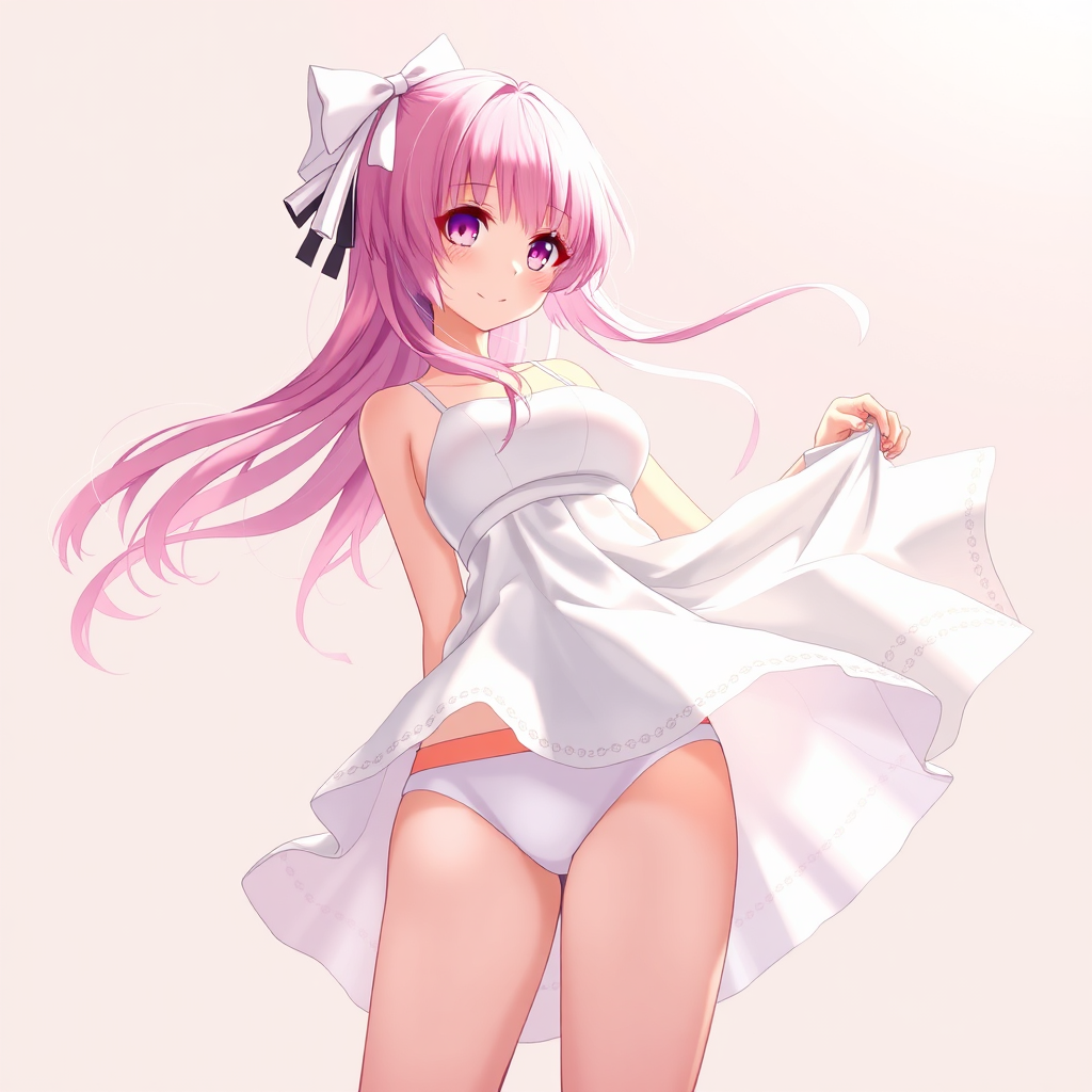 An anime girl with pink hair shows white panties.