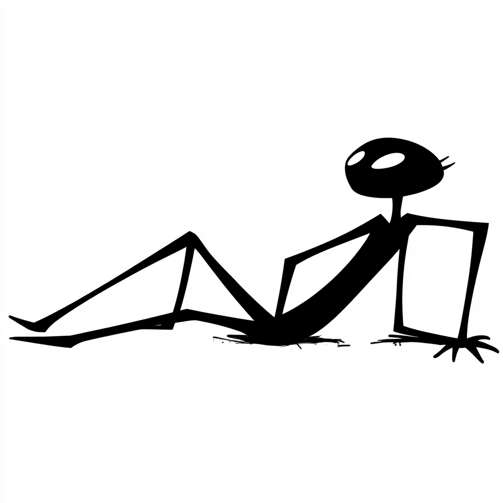 An ant resting, silhouette-like character with crossed legs