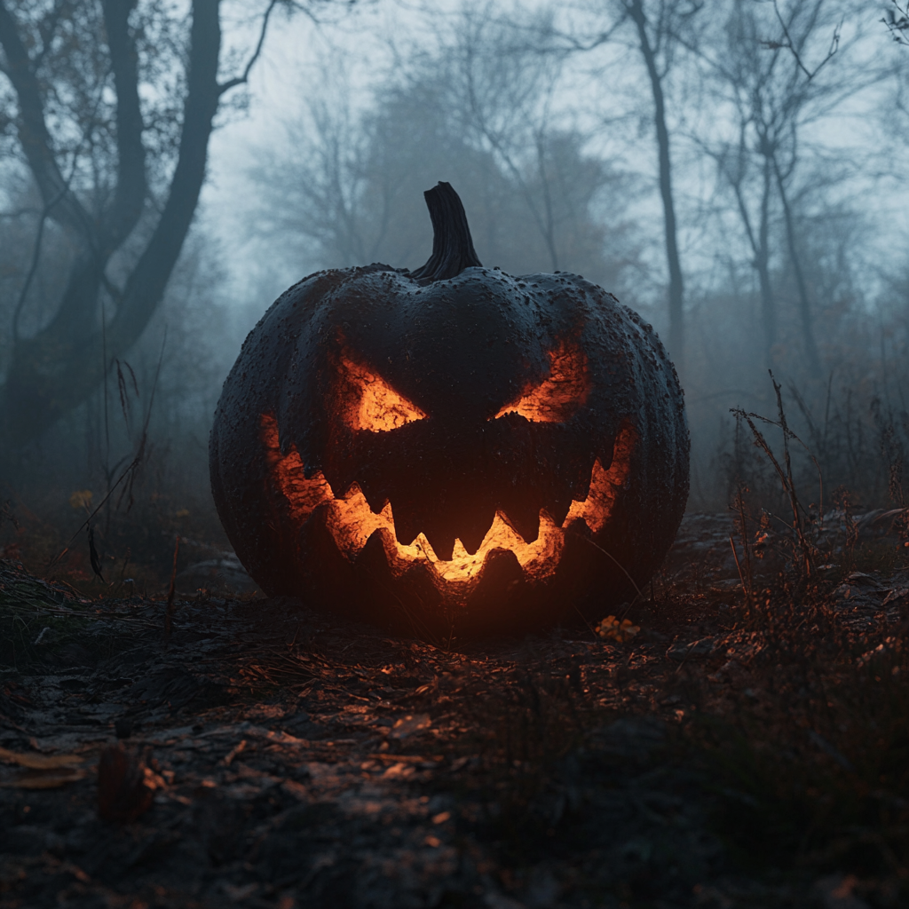 An anthropomorphic Halloween pumpkin with a mischievous expression