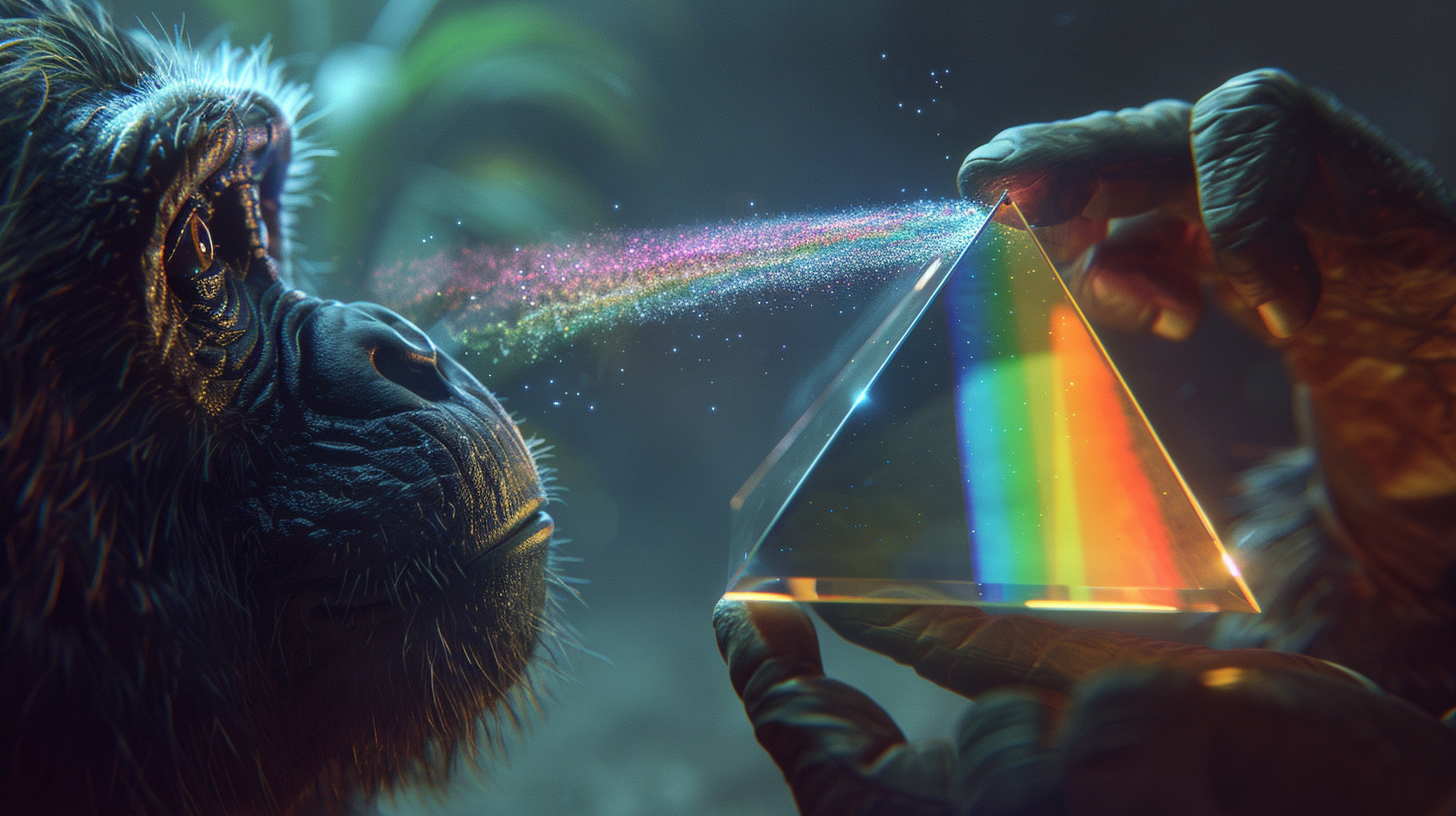 An ape with colorful light prism.