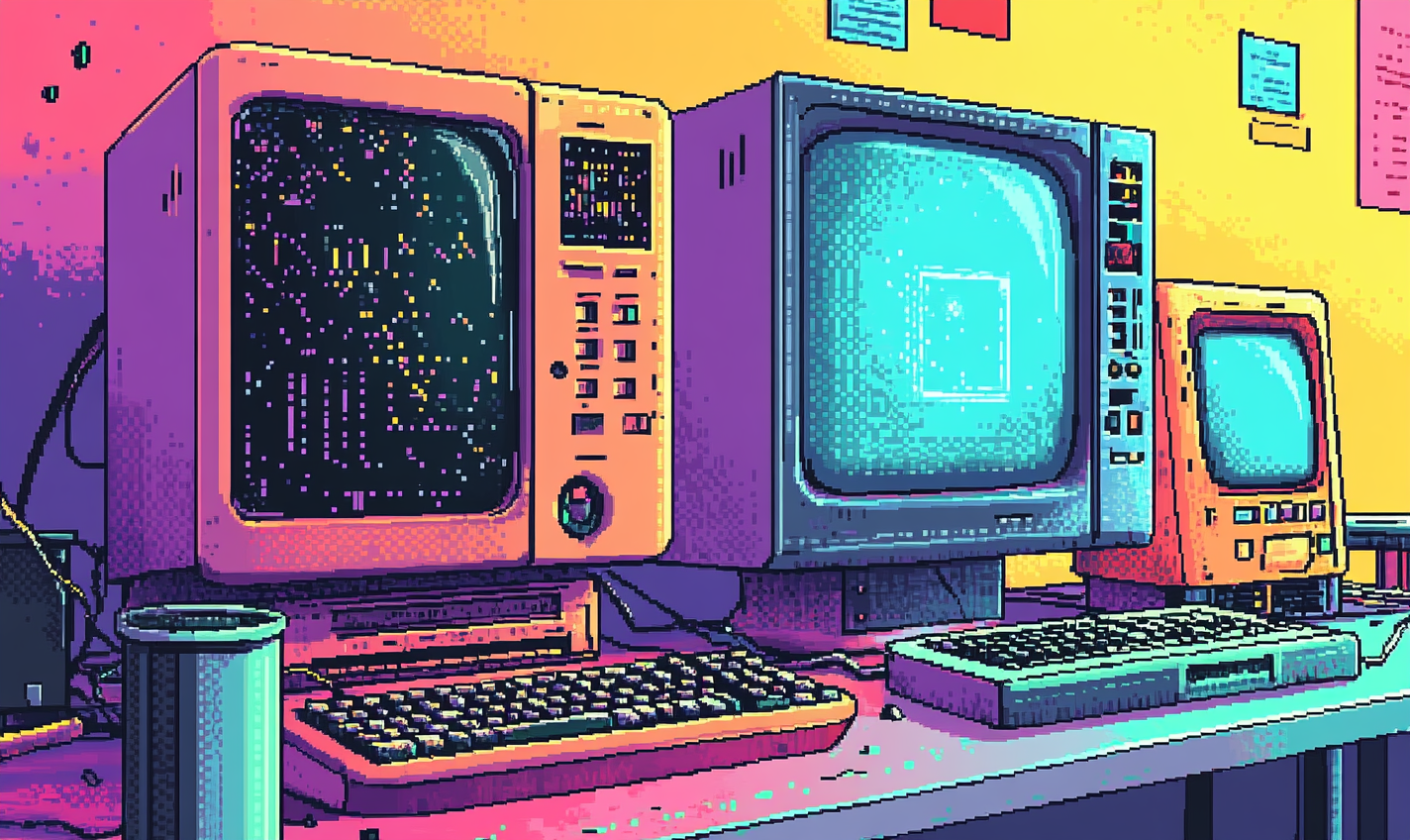 An artistic, colorful retro pixel art illustrating cybersecurity.