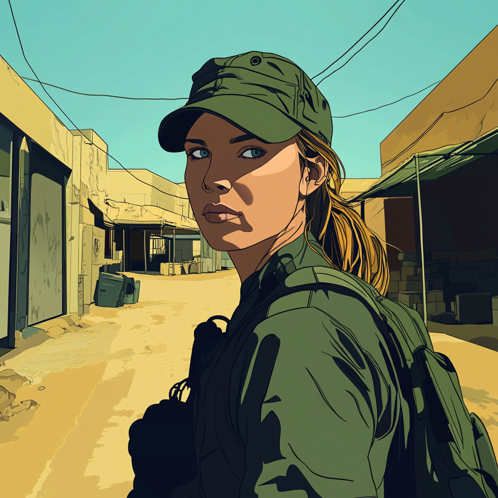 An artistic picture of a female soldier walking.