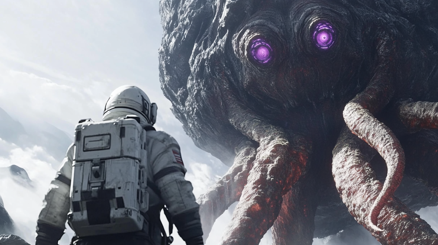 An astronaut amazed by giant space creature.