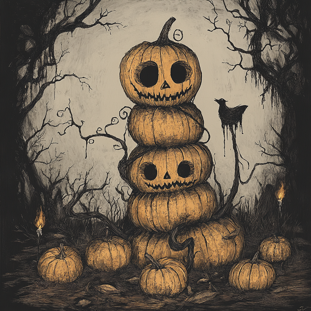 An eerie, gothic pumpkin character surrounded by darkness