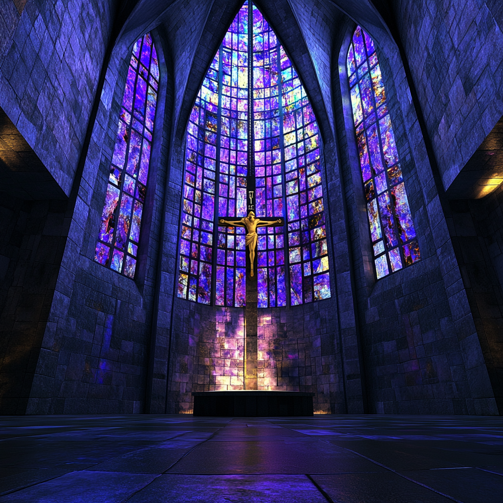 An eerie cathedral interior with broken cross.