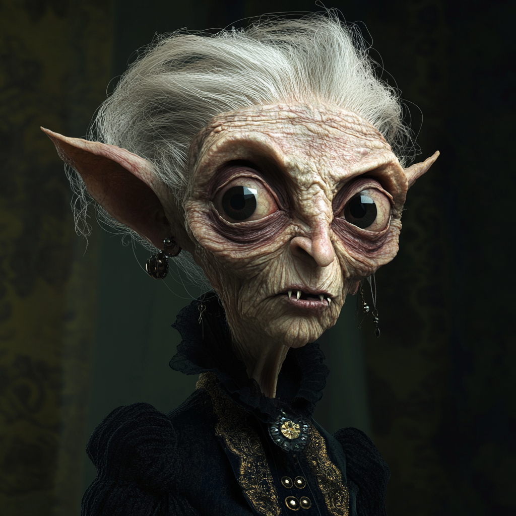 An elderly fey creature in Victorian attire