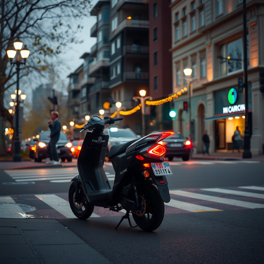 An electric scooter on a quiet evening road.