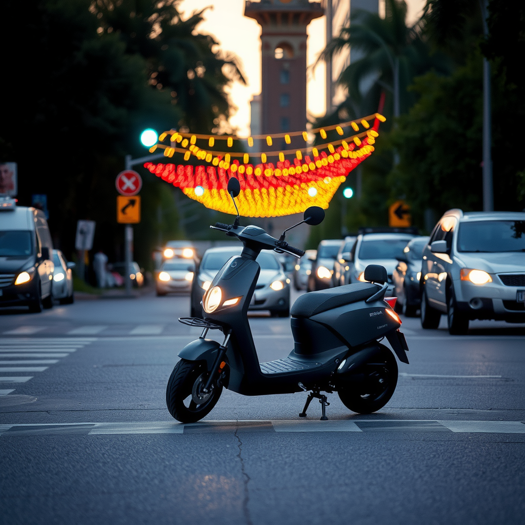 An electric scooter on the evening street.