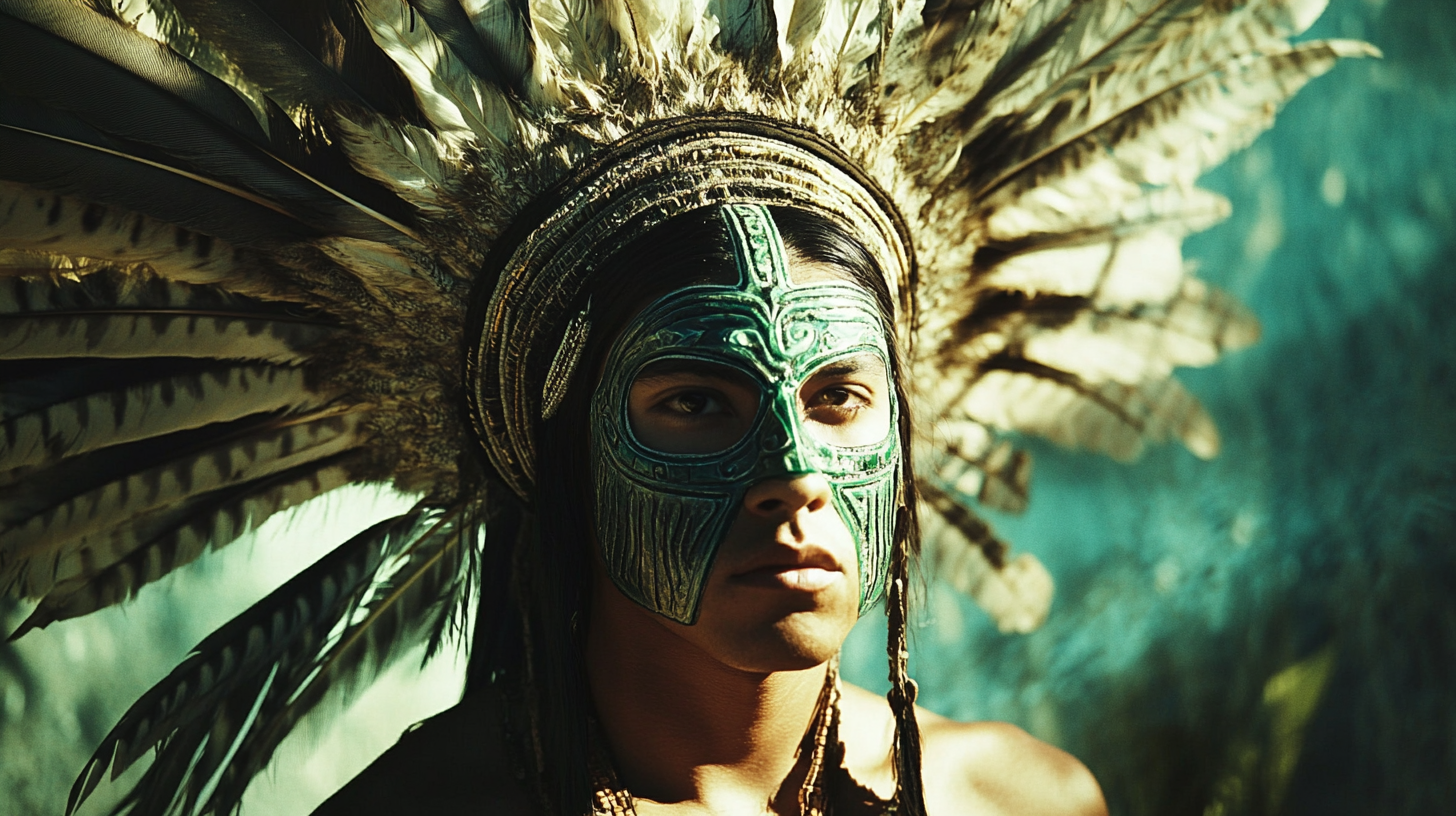 An elegant jade man with feather headdress.