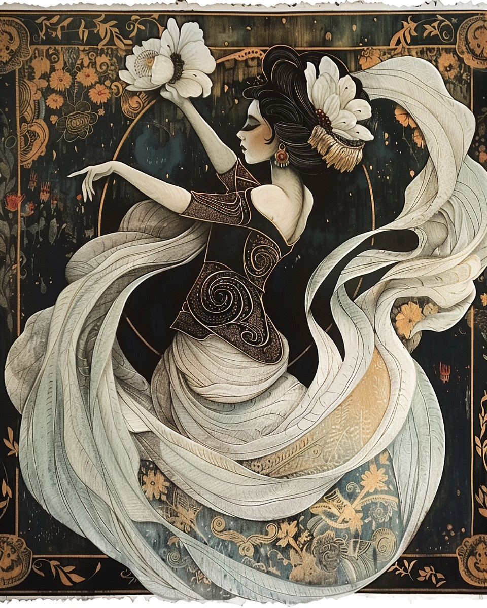 An elegant poster of a geisha dancing fusion