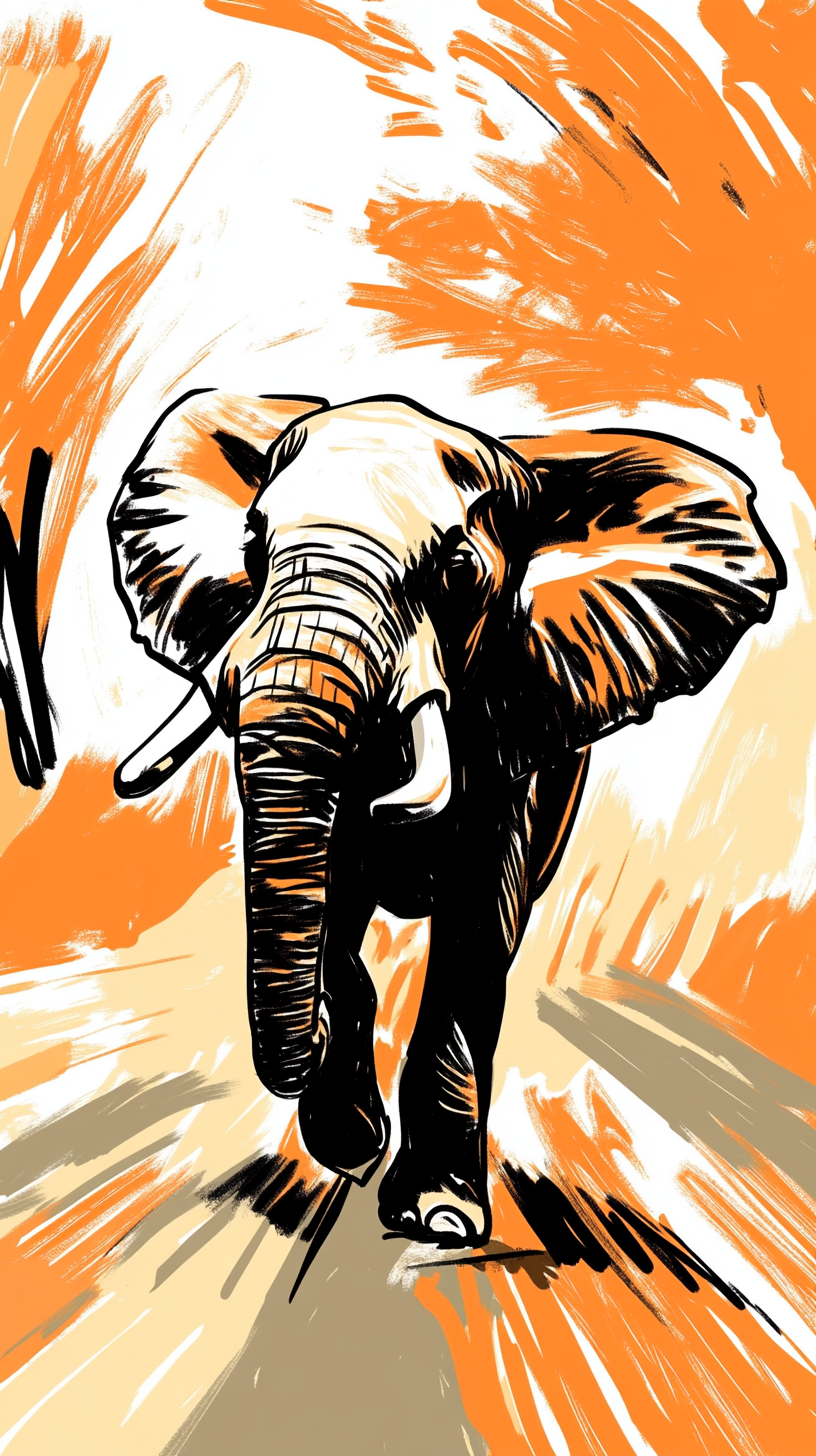 An elephant running on savanna in sketch style.