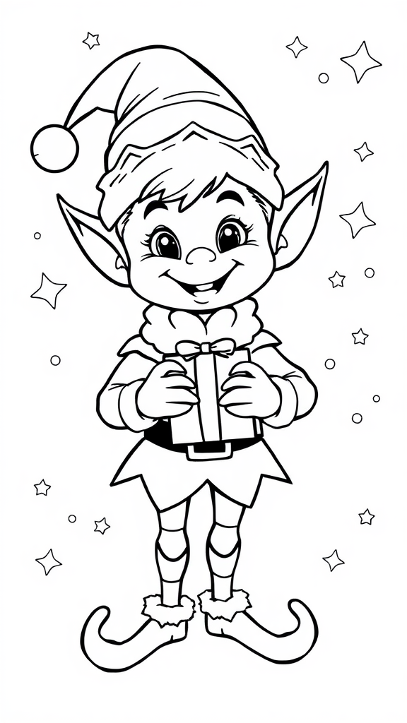 An elf with a big smile and gift.