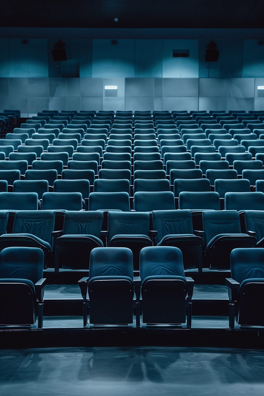 An empty, clean auditorium with rows of seats