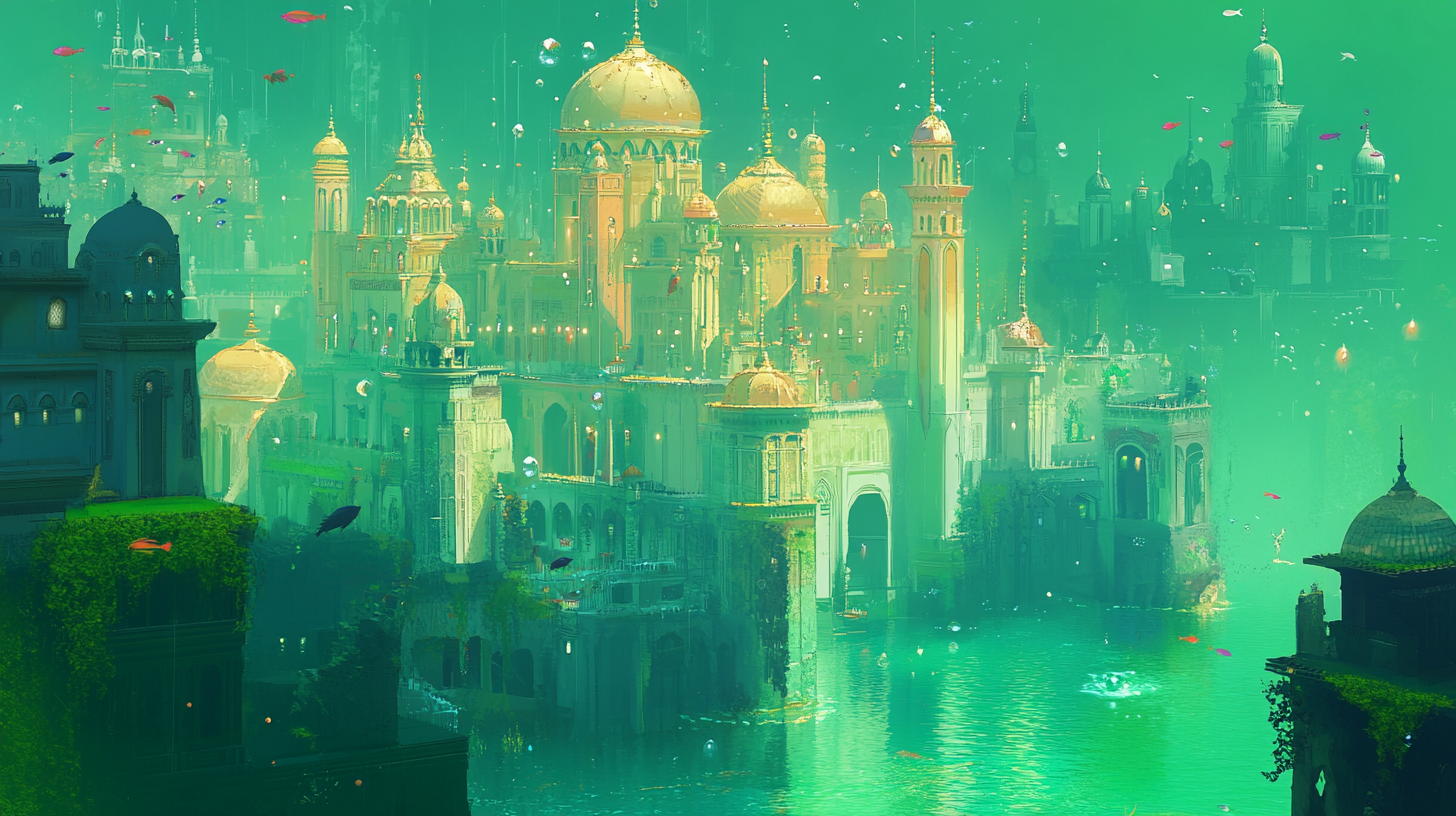 An enchanting underwater city with majestic structures