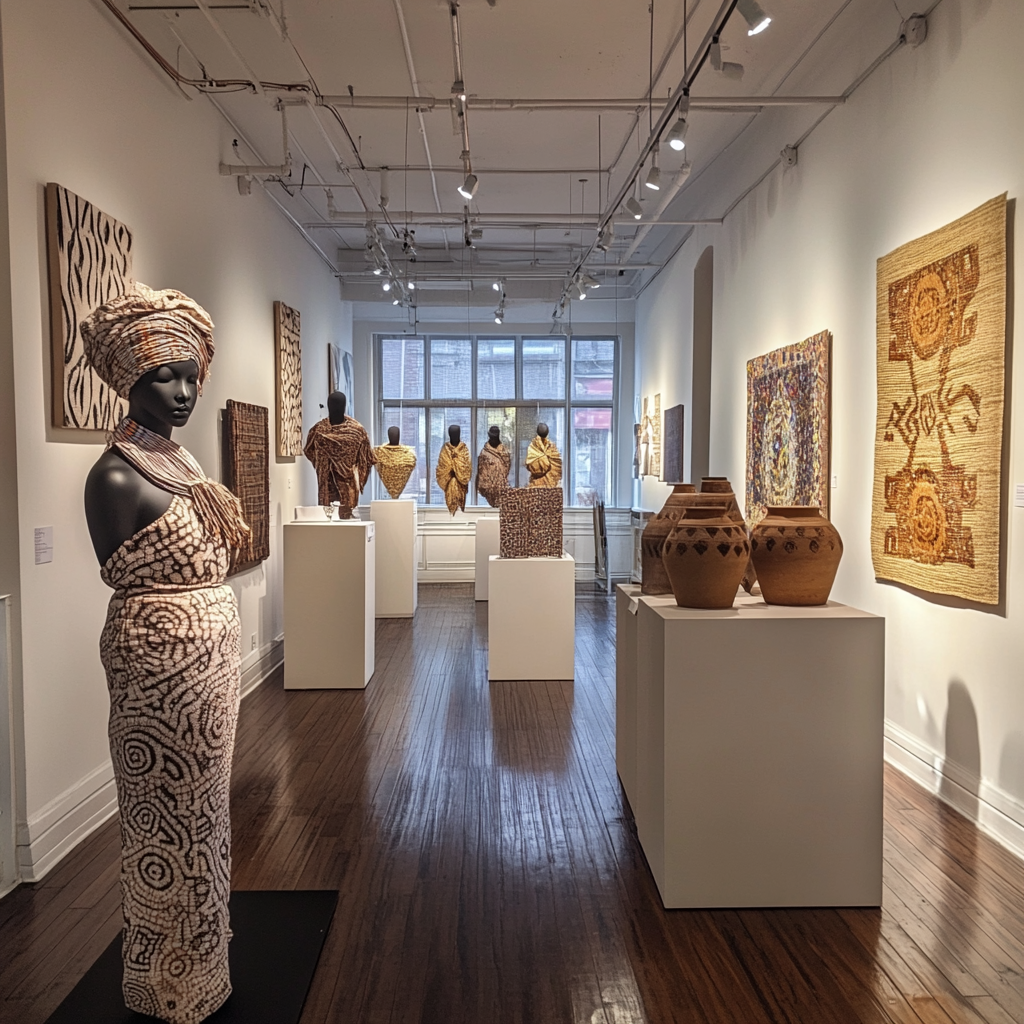 An evening event in a small gallery showcasing afro-asian fashion, art, and music.