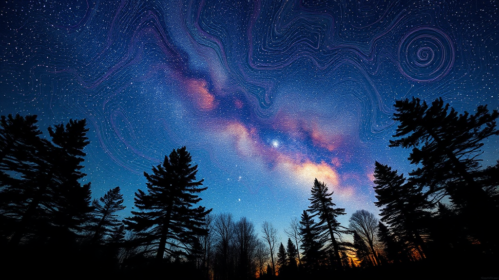 An evening sky with stars and swirling trees.