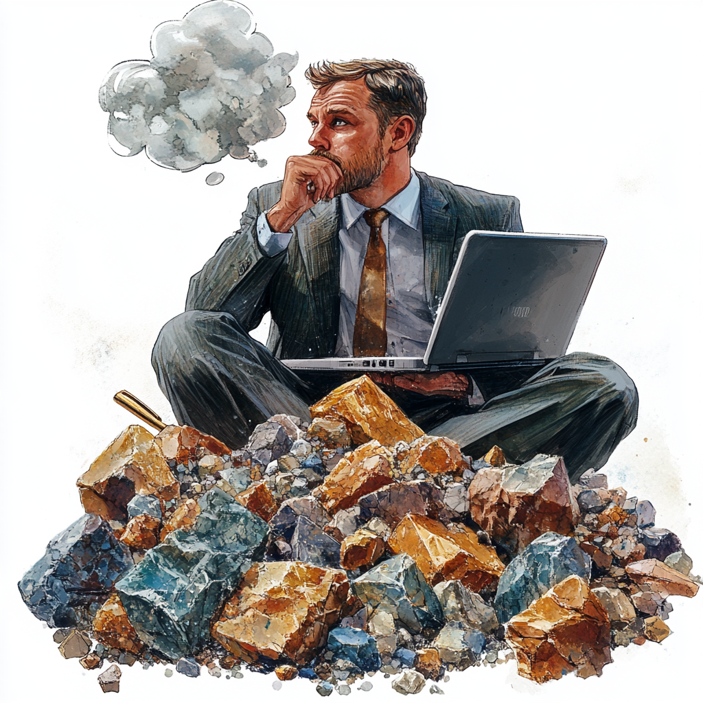 An executive in suit searches for minerals.