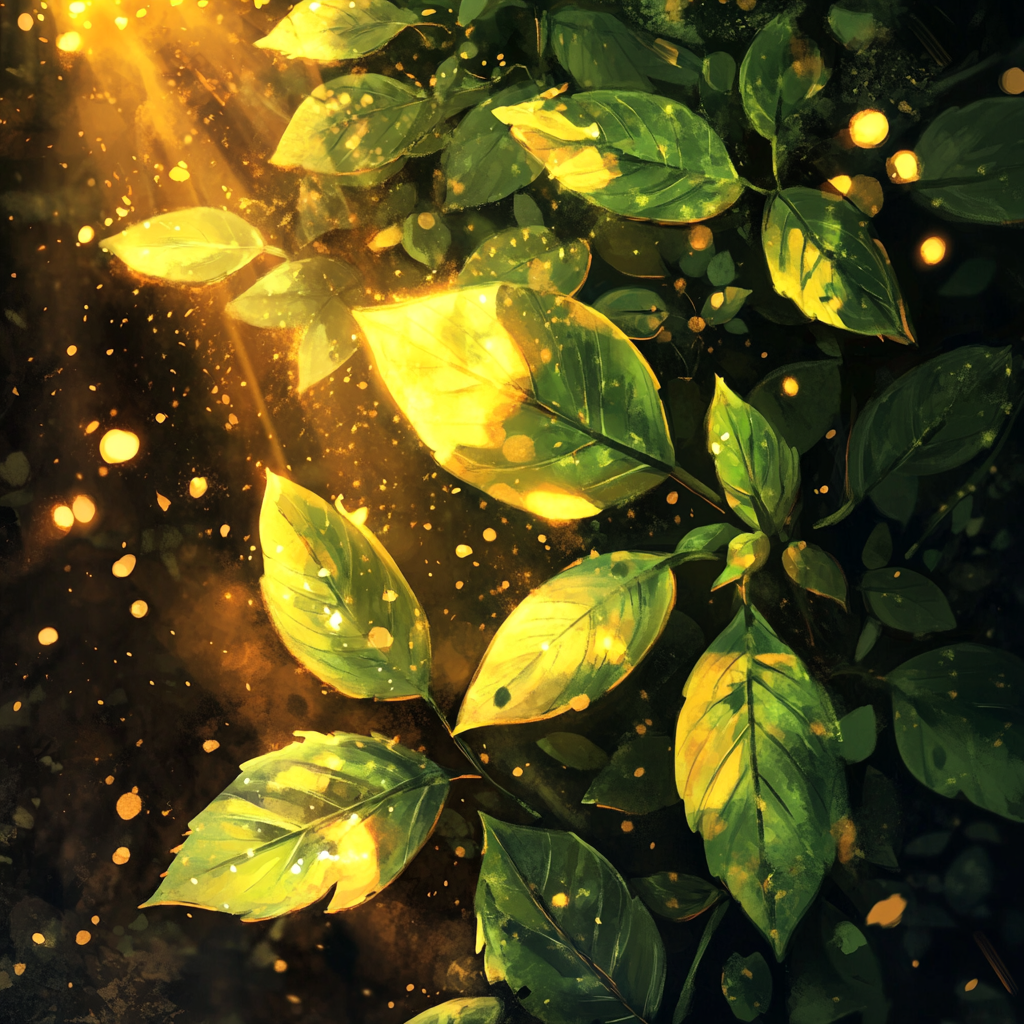 An illustration of vibrant green leaves in golden glow