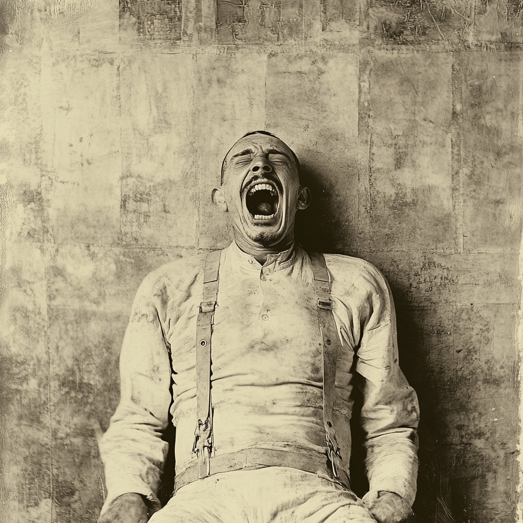 An insane man in straitjacket in 1920 portrait