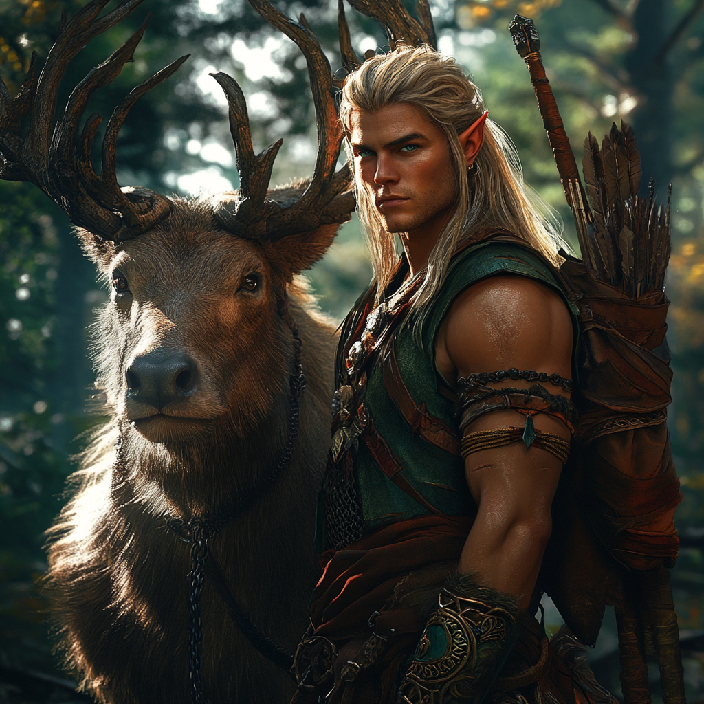 An intense male elf ranger and animal companion.