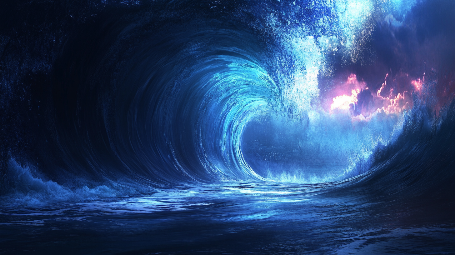 An ocean wave crashing with blue colors